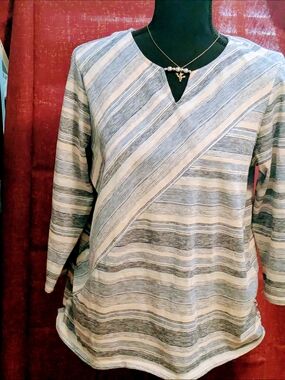 Alfred Dunner Blue and White Striped V-Neck Blouse